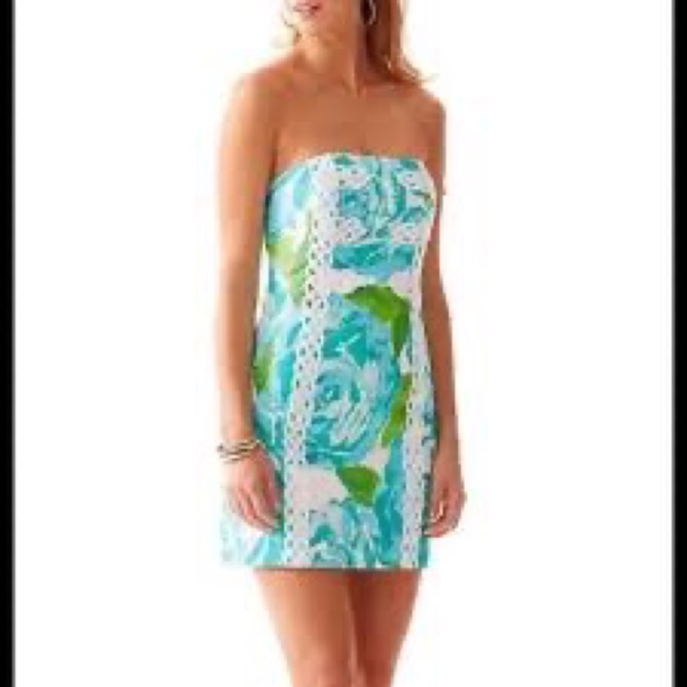 HTF Lilly Pulitzer in Poolside Blue First Impressions strapless cocktail